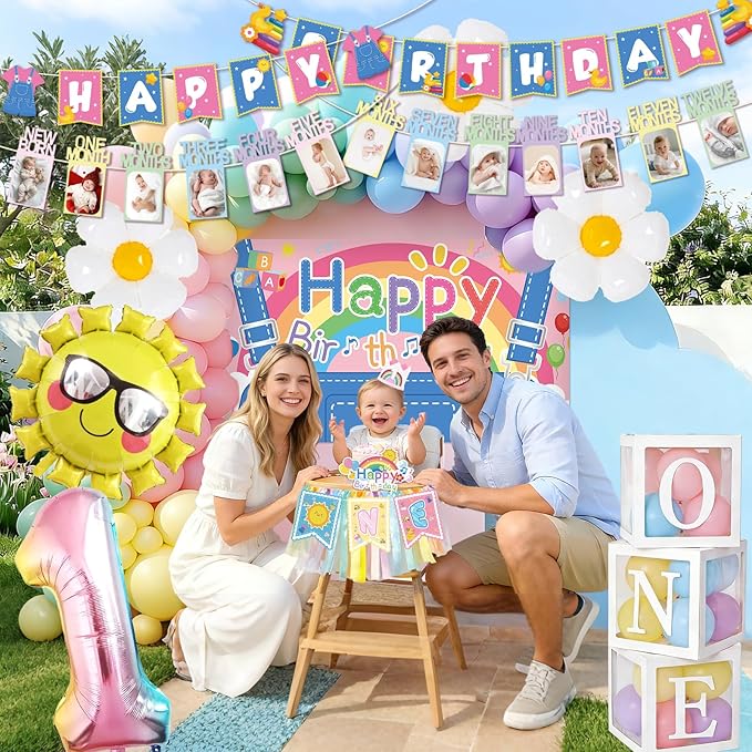 135 pcs Rachell English Teacher Party Supplies, 1st Birthday Decorations Girl & Boy, Photo Banner Balloons Poster Crown High Chair Banner Cake Topper Cartoon Theme Backdrop for Kids Birthday Decor