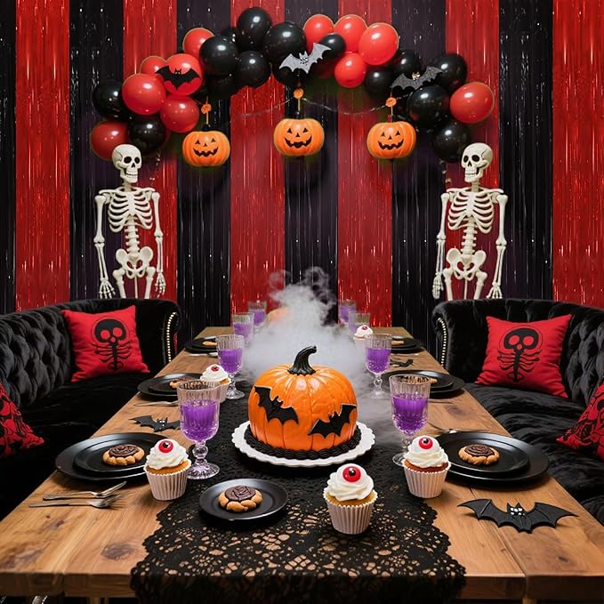 TONIFUL 2Pcs Black Red Door Streamers,Green Photo Booth Backdrop,Metallic Streamers Green Foil Fringe Curtains for Birthday,Christmas,New Year,Halloween,St. Patrick's Day Party Streamers Decor