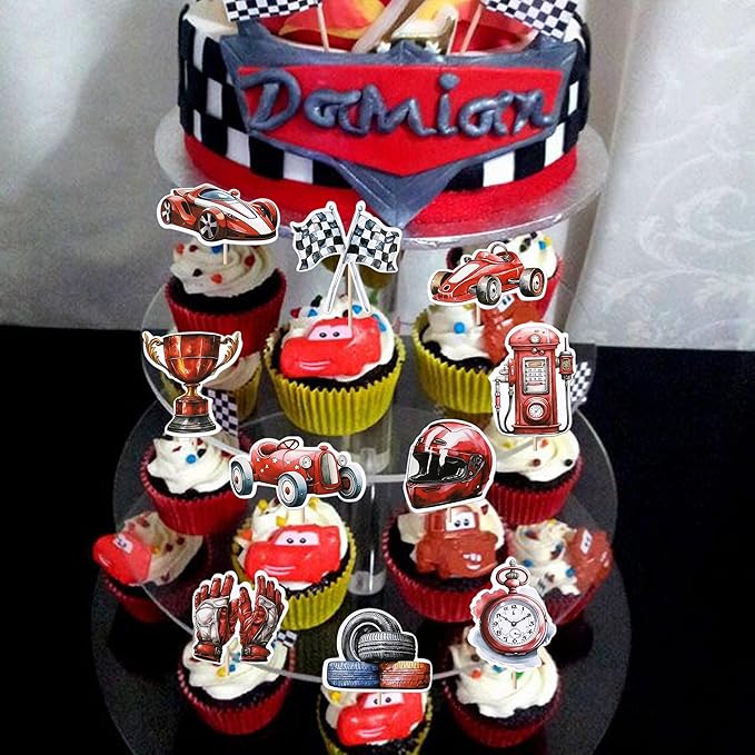 40 Pack Racing Car Cupcake Toppers Fighting Flag Cupcake Picks Race Helmet Gloves Cupcake Decorations for Racing Sport Theme Baby Shower Boys and Girls Birthday Party Supplies