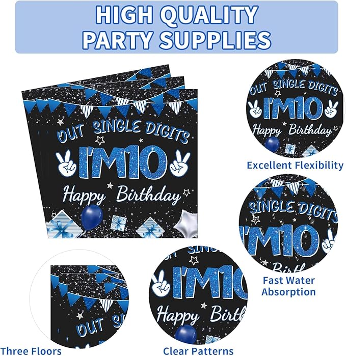 96 Pcs 10th Birthday Decorations for Boys 350 GSM Blue and Black 10th Birthday Plates and Napkins Disposable Out Single Digits I'm 10 Tableware Set for Kids 10 Year Old birthday Decorations Serves 24