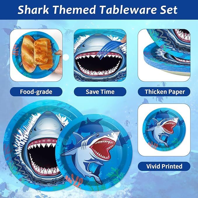 24 Guests Shark Theme Party Decorations Under the Sea Party Tableware Set Shark Baby Shower Plates Napkins and Forks Ocean Birthday Table Decorations Supplies 96Pcs