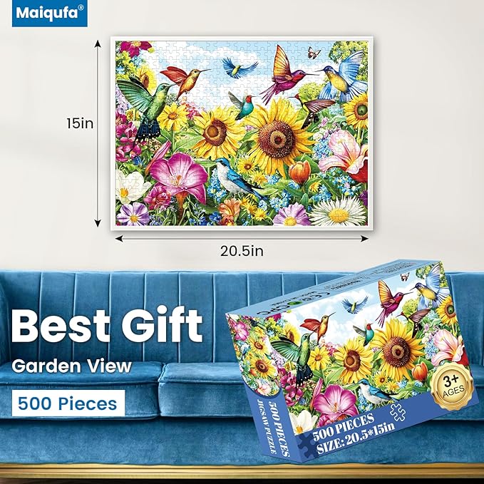500 Pieces Puzzle for Adults - Summer Birds Garden Jigsaw Puzzle for Adults Teens,Recycled Cardboard Hummingbird Flowers Puzzle 500 Pieces,Challenging Game for Family Fun & Gift Idea,20.5 x 15 in