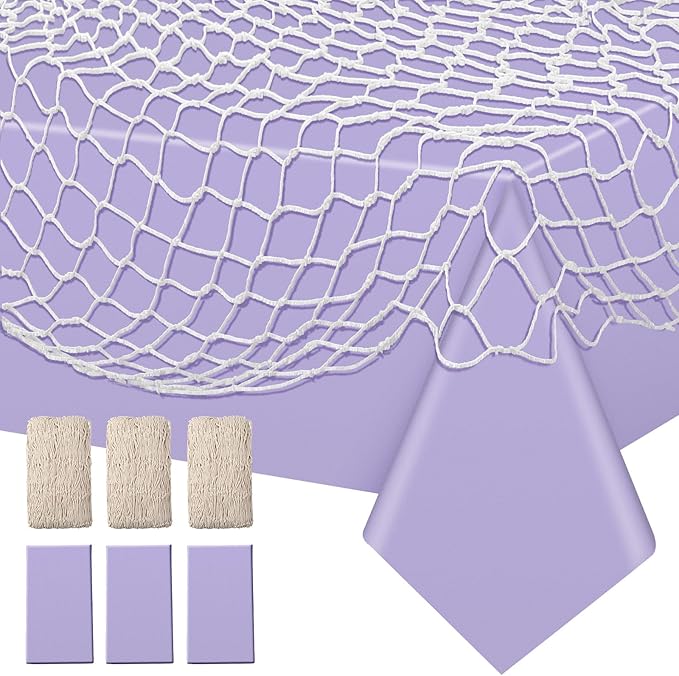 Unittype 6 Pcs Fish Net Decorative and Tablecloth Set, Cotton Fishnet and Plastic Table Cover Decorations Set for Nautical Themed Party Baby Shower Pirate Decorations Mermaid Party(Light Purple)