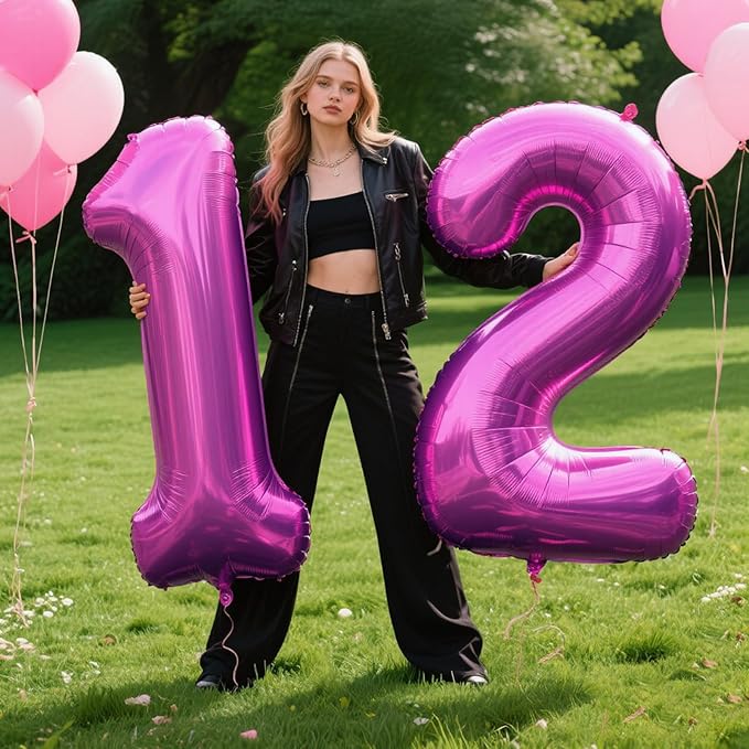 40 Inch Large 12 Balloon Numbers Rose Purple Big Foil Number Balloons Giant Helium Happy Birthday Party Decorations for Man and Women, Huge Mylar Anniversary Party Supplies