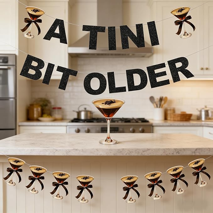 Martini Themed Birthday Party Decorations,Glitter Black A TINI BIT OLDER Banners with Hanging Swirls,for Adults Women Men Birthday Party Decor Supplies