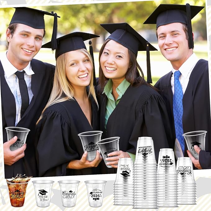 Eaasty 100 Pcs 12oz Graduation Cups 2026 Disposable Plastic Cups for Class of 2026 Graduation Party Congrats Grad Elegant Party Supplies Tableware Decorations (Clear)