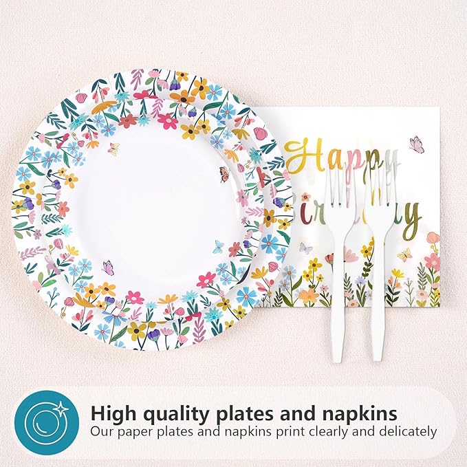96Pcs Spring Flower Birthday Party Decorations Colorful Wildflower Plates and Napkins Groovy Boho Floral Leaf Disposable Paper Tableware Set for Wedding Tea Garden Party Supplies Serves 24