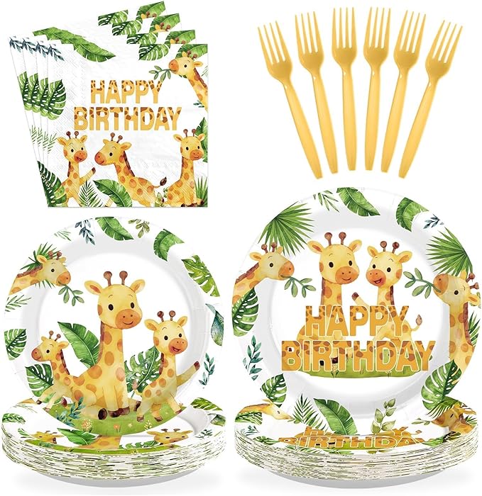 96 Pcs Giraffe Birthday Decorations Jungle Safari Animals Birthday Party Supplies Green Jungle Animal Plates and Napkins for Kids Party Supplies Serves 24