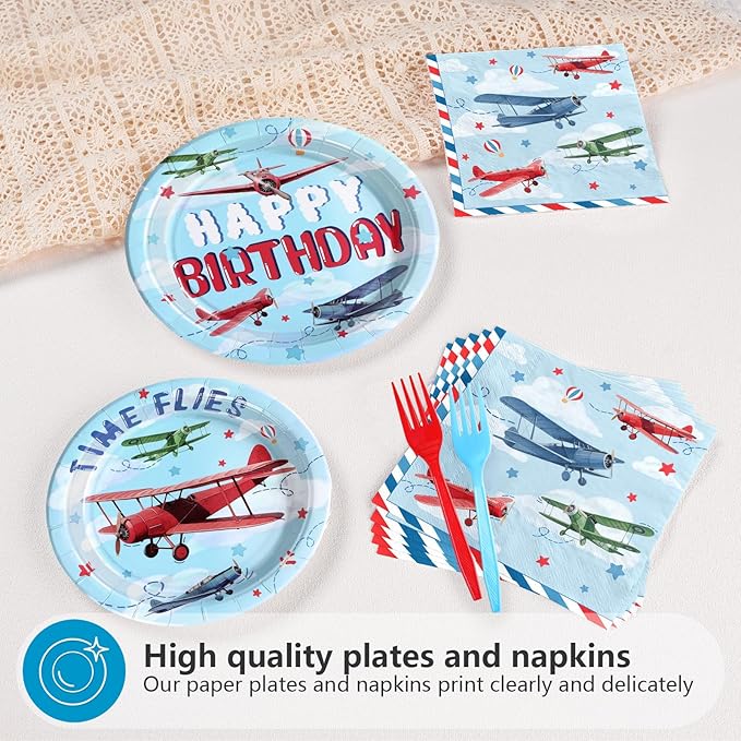 96Pcs Airplane Birthday Party Decorations Red & Blue Airplane Aircraft Plates and Napkins Tableware Set How Time Flies Birthday Decorations for Boys Baby Shower Pilot Plane Party Supplies Serve 24