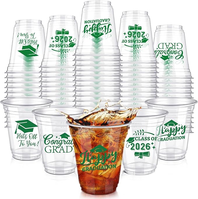 Eaasty 200 Pcs 12oz Graduation Cups 2026 Disposable Plastic Cups for Class of 2026 Graduation Party Congrats Grad Elegant Party Supplies Tableware Decorations (Green)