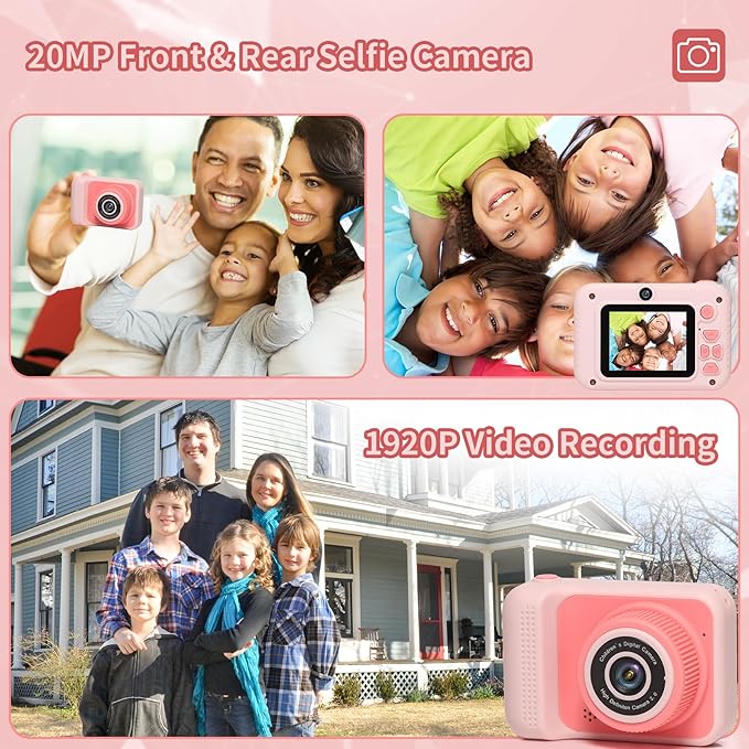 Kids Camera Toys, for Boys and Girls,JUVNAWEZ Digital Camera for Kids, Toddler Camera Christmas Birthday Toy Gifts for Kids Age 3 4 5 6 7 8 9 10 with 32GB SD Card, Video Recorder 1080P HD (Pink)
