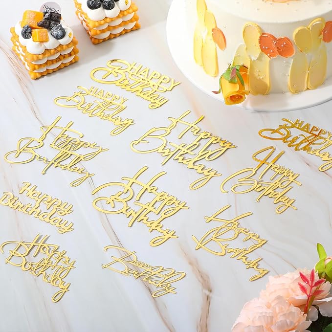 Barydat 50 Pcs Happy Birthday Cake Toppers Bulk Mirror Acrylic Cupcake Topper Cupcake Decorations Happy Birthday Sign for Cake Side Inserts Decor Party Supplies 10 Style(Gold)