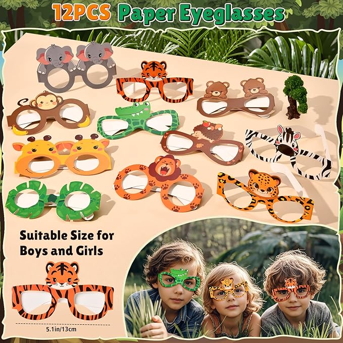 Winrayk 12 Sets Jungle Safari Party Favors Wild Animals Birthday Supplies, Tote Bag Paper Glasses Animal Figure Silicone Wristband Keychain, Goodie Bag Stuffers Kids Girl Boy Safari Jungle Party Decor