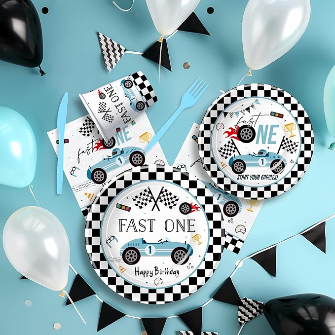 Race Car 1st Birthday Party Supplies - Fast One Plates And Napkins Decorations Boys Tableware, Plate, Cup, Napkin, Fork, Blue Race Car One-Year-Old Decorations | Serve 24