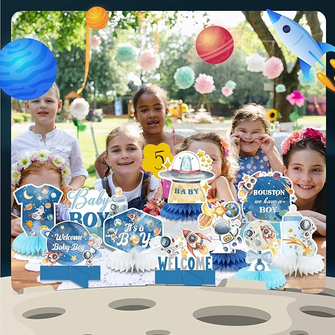 12 Pcs Outer Space Baby Boy Shower Decorations Welcome It's a Boy Baby Shower Honeycomb Centerpieces Blue Astronaut Rocket Bottle Planet Table Topper Table Decoration for Birthday Party Favors