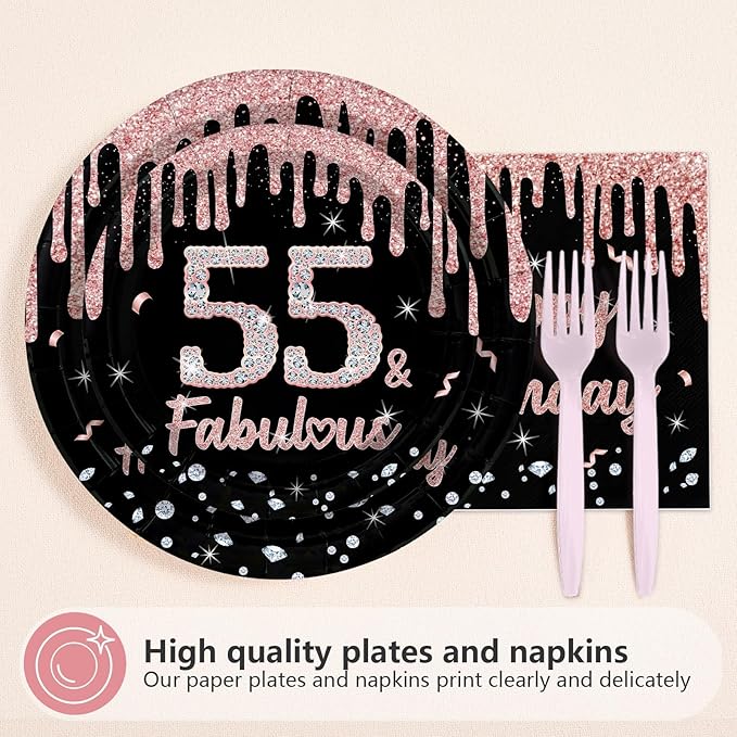 96 Pcs 55th Birthday Party Decorations Rose Gold and Black Happy 55th Birthday Paper Plates and Napkins 55 and Fabulous Tableware Sets for Women 55 Years Old Party Supplies Serves 24