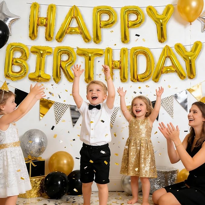 Gold Happy Birthday Balloon Banner, Foil Letter Balloons Party Decoration Sign for Men and Women