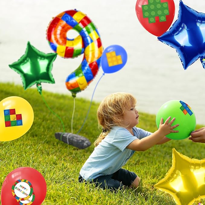 40 Inch Building Block Number Balloon, Colorful Number Block Foil Balloons Large Big Numbers Helium Balloon for Girls Boys 9th Birthday Brick Theme Party Decorations (Number 9)