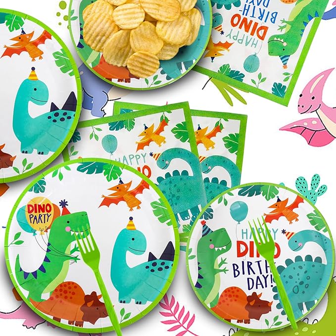 96 Pcs Dinosaur Party Supplies, Dinosaur Theme Birthday Party Decoration Includes Plates Napkins Forks, Dino Tableware Set for Birthday, Serves 24 Guests