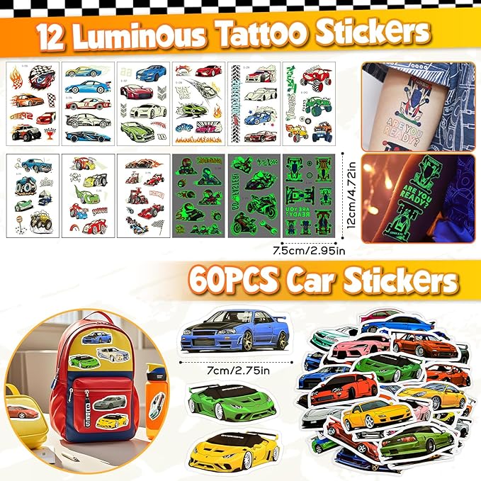 120Pcs Race Car Party Favors Birthday Supplies, Gift Box Sunglasses Flag Mini Race Car Sticker Birthday Goodie Bag Stuffers Racing RaceCar-Themed Party Supplies Decorations for Boys Kids 3-5 4-8