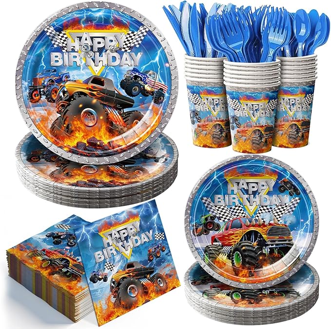 168pcs Monster Truck Party Decorations Plates Napkins Disposable Paper Cups Monster Car Tableware Set Birthday Party Supplies for Kids Boys 1st 2nd 3rd Birthday Decor Serves 24 Guests
