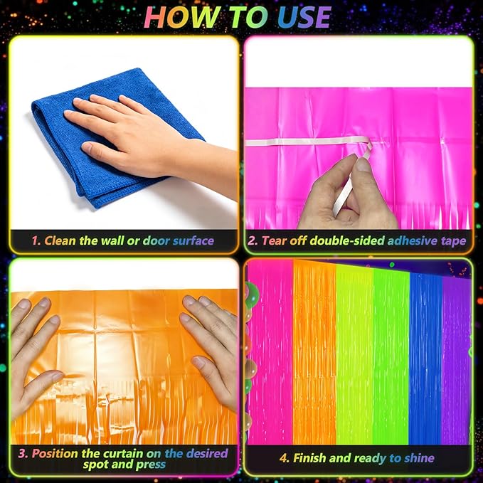 2 Pack Glow in The Dark Tinsel Curtains, Neon Party Decorations 3.3 x 6.6 Ft Blacklight Reactive Fluorescent Party Backdrop for Birthday， Wedding, Neon Party, Glow Party Decorations Supplies