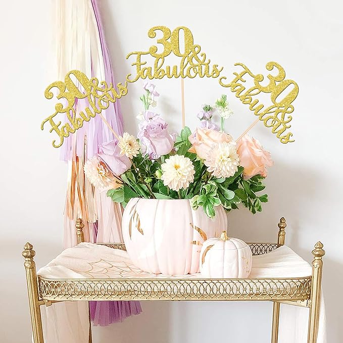 12 PCS 30 and Fabulous Centerpiece Sticks Double Sided Happy 30th Birthday Table Flower Centerpieces Sticks Cheers to 30 Floral Decorations for 30th Birthday Anniversary Party Supplies Gold