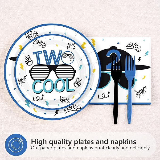 96Pcs Two Cool Birthday Party Decorations Blue 2nd Birthday Plates and Napkins Palm Frond Sunglasses Disposable Paper Tableware Set for Boys 2 Year Old Party Supplies Serves 24