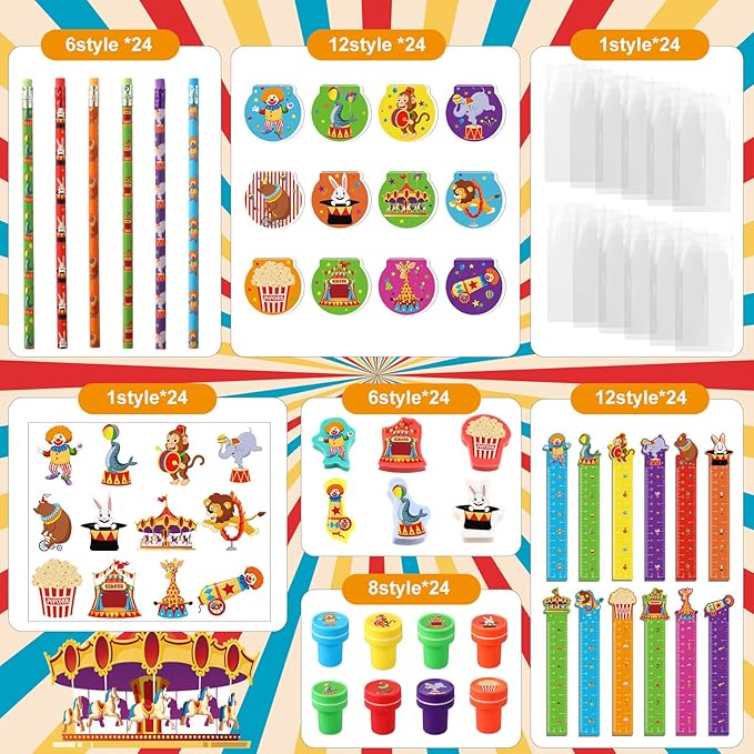 Cholemy 168 Pcs Circus Party Favors Carnival Party Supplies Circus Animal Stationery Set Notebook Sticker Stamper Eraser Ruler Pencil Bag for Carnival Baby Shower Birthday Gift Classroom Prize