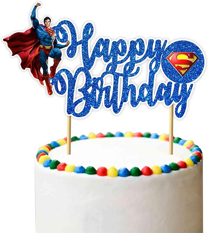 Suprmn Happy Birthday Cake Topper – Theme Party Decoration for Boys – Premium Quality Glitter Cake Topper for Birthday Cake, Birthday Party Supplies, Cartoon Character Party Decor