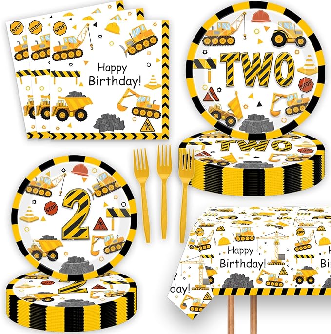 51 Pcs Construction 2nd Birthday Party Supplies Dump Truck Two Years Old Tablecloth Paper Plates Napkins Forks Dinnerware for Construction 2nd Birthday Party Supplies Decorations