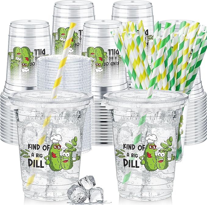 Domensi 50 Pcs Pickle Party Birthday Plastic Cup 12 oz Kind of a Big Dill Birthday Thick Clear Cup Green Pickle Cucumber Theme Party Table Decorations Favor
