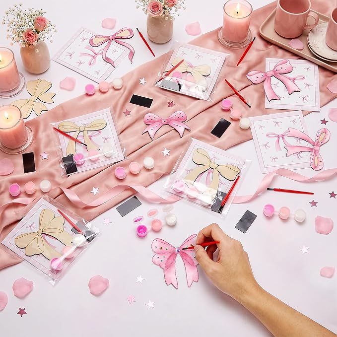 24 Sets Pink Bow Party Favors, DIY Wooden Bows Painting Crafts Kit with Magnets, Coquette Bow Birthday Decorations, Pink Bows Birthday Party Supplies Gifts Goodie Bags Stuffers Prizes
