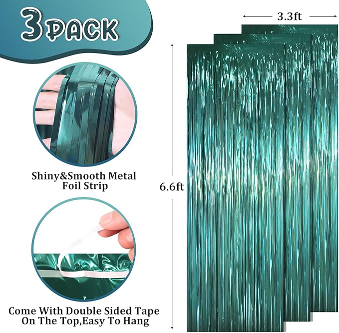 3.3 x 6.6 ft Foil Fringe Backdrop Curtains, Tinsel Streamers Party Decorations, Fringe Backdrop for Birthday, Baby Shower, Gender Reveal, Graduation (3, Retro Green)