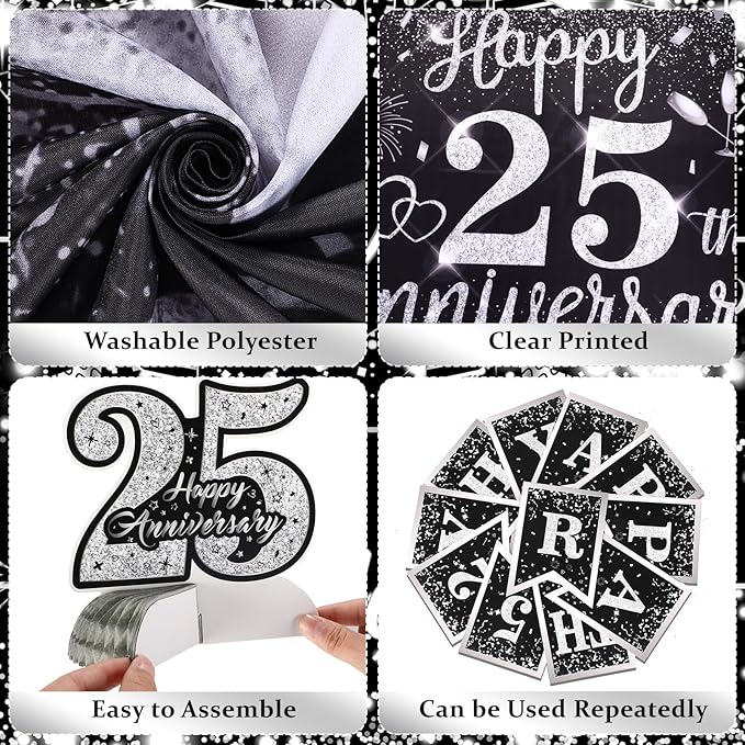 25th Wedding Anniversary Decorations Black Silver Happy 25th Anniversary Banner Backdrop Honeycomb Centerpiece Hanging Swirls Pom Poms for 25 Years Silver Wedding Party Decorations Supplies
