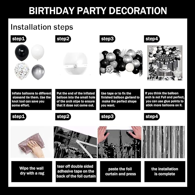 Black Silver Birthday Decorations for Men,Fringe Curtains Happy Birthday Banner,Red balloons,Cake Toppers for Boys