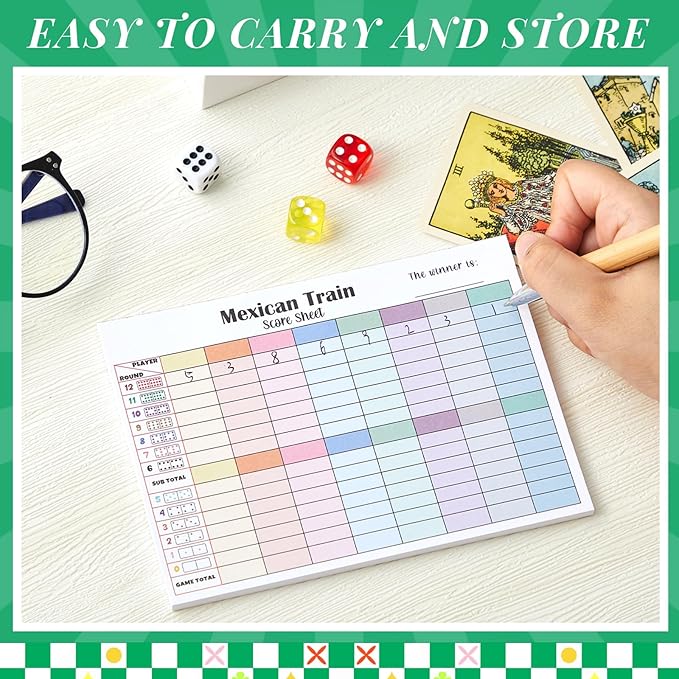 1 Pack 60 Sheets Mexican Train Score Pads Colorful Chicken Foot Dominoes Game Scorepad Adult Mexican Train Score Sheet Scoreboard Paper Record Clearly for Family Christmas (6.7 x 5 Inches)
