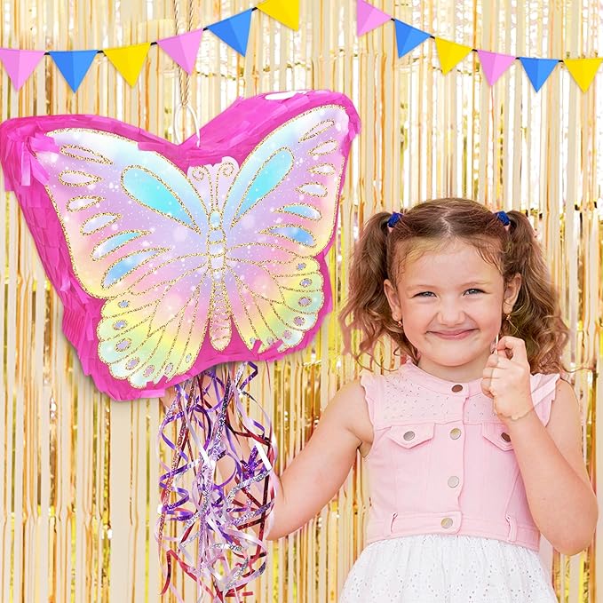 KiDEPOCH Butterfly Pinata for Birthday Party Supplies Colorful Pull String Butterfly Pinata for Girls Butterfly Themed Party Decoration, Small Pinata Party Supplies(16 x 12.6 x 4.2 In), Dark Pink