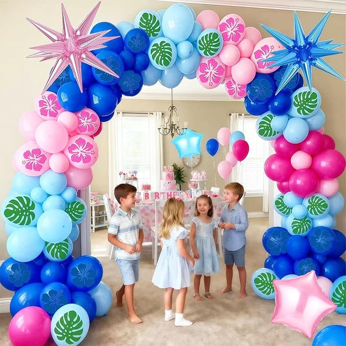 141 PCS Blue Pink Light Blue Balloon Garland Arch Kit, Hawaiian Cute Print Balloons for Cartoon Themed Birthday Party Decorations Boys Girls Gatherings Party Supplies