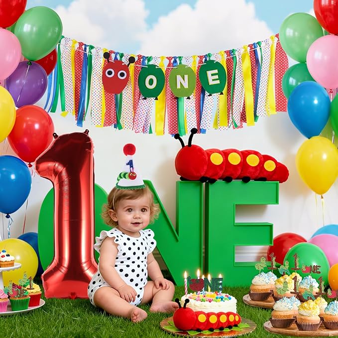 Hungry Caterpillar Highchair Banner for Baby First Birthday Party Decorations Green One Caterpillar High Chair Tassel Garland for Boys Girls Fruit 1st Birthday Photo Props Backdrop Decors