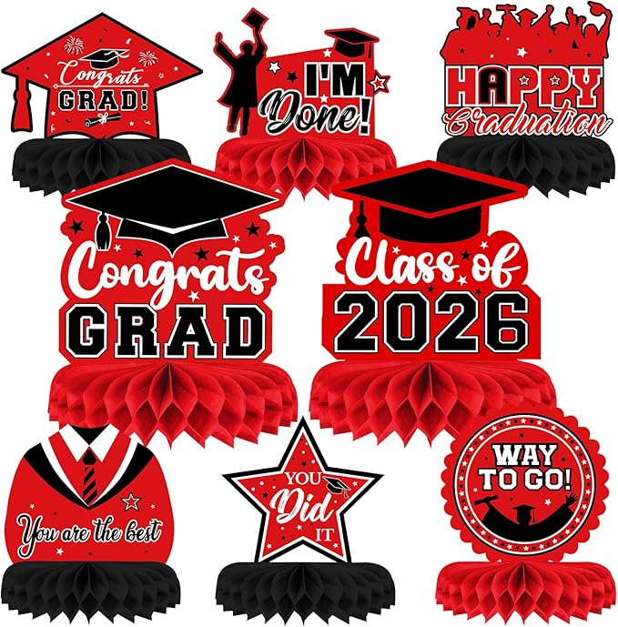 8 Pieces Class of 2026 Graduation Table Decorations - 2026 Congrats Grad Honeycomb Centerpieces, Red Black Graduation Table Toppers Decor for 2026 Graduation Party Decorations Favor Supplies