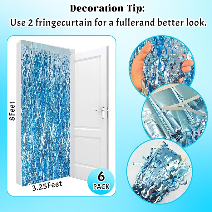 ADLKGG 6 Pack Blue Wavy Foil Fringe Curtain, Streamers Water Beach Backdrop for Ocean Backdrop | Under The Sea Party Decorations | Summer Pool Party Decorations, 3.3x6.6 Feet