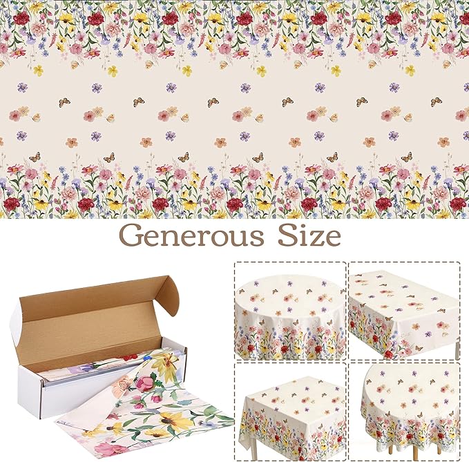 Kochorie Spring Floral Tablecloth Roll 54 Inch x 100 Feet Plastic Flower Tablecloth Roll Wildflower Butterfly Disposable Table Cover for Spring Tea Party Supplies Birthday Wedding Party Decorations