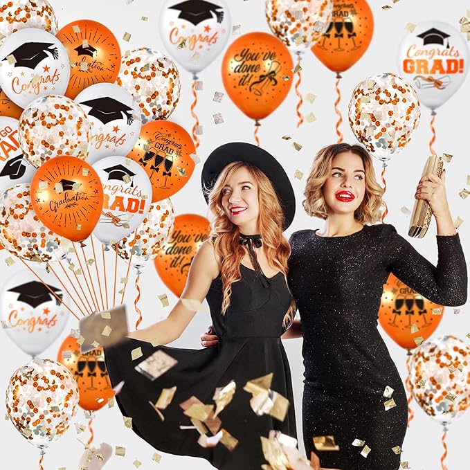 Whaline 60Pcs Graduation Party Balloon Set 7 Designs Orange White Confetti Latex Balloon with 2 Rolls Ribbon Grad Cap Congrats Grad Balloon for Graduation Party Decoration Supplies