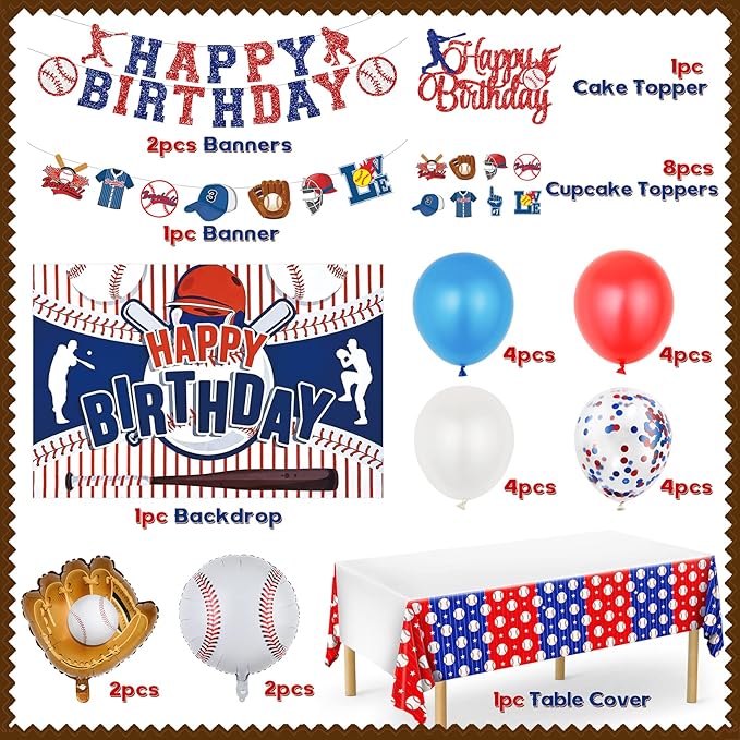 Baseball Party Decorations, Baseball Birthday Party Supplies Kit, Include Sport Themed Backdrop, Happy Birthday Banners, Tabelcloth, Baseball Balloons, Cake&Cupcake Toppers