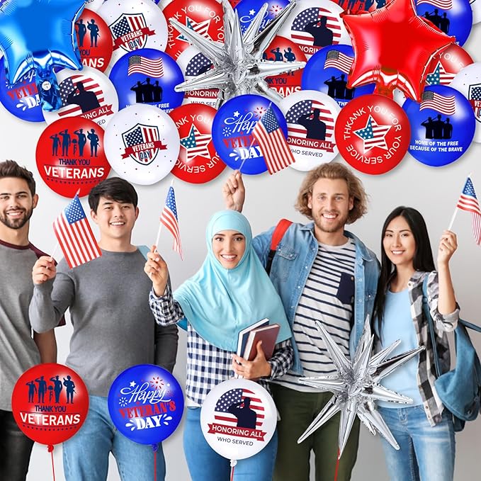 Hungdao Veterans Day Balloons Set 12 Inch American Blue Red White Balloon Thank You Veteran for Patriotic Independent Theme 4th of July Memorial Decorations Party Supplies(Veterans Day)