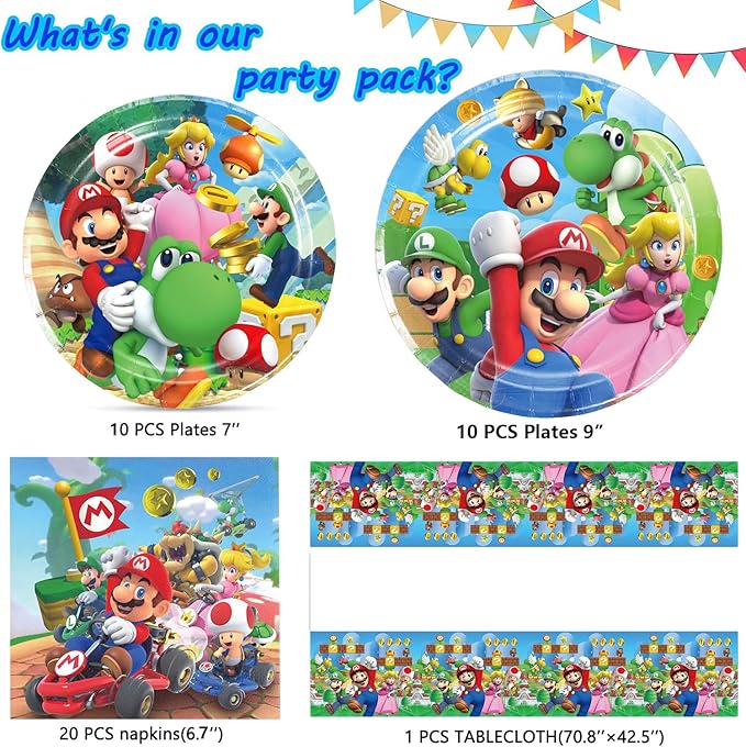 Mario Party Supplies 41Pack include 20 plates, 20 napkins 1 tablecloth for Mario birthday party decoration