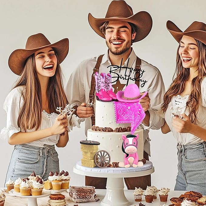 Cowgirl Cake Decorations Cowgirl Hat and Boot Cake Toppers Western Cowgirl Birthday Baby Shower for Western Theme Party Favors Supplies (Pink)