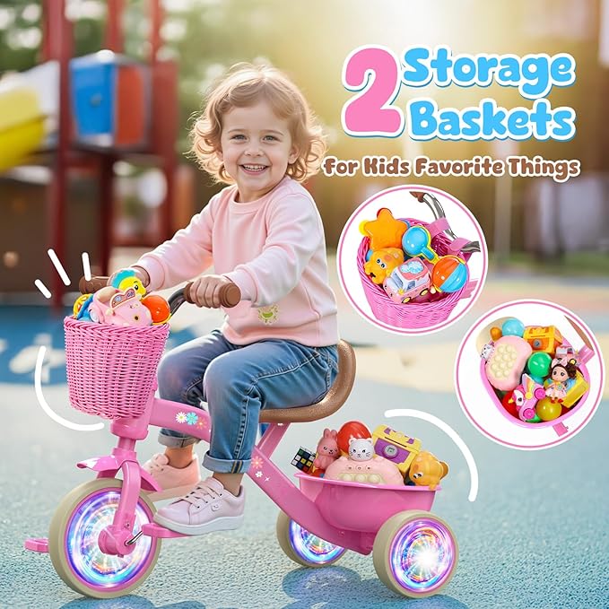 Toddler Tricycle for 1-3 3-5 Year Olds, 2 3 4 5 Year Old Girl Birthday Gifts, Pink Toddler Baby Bike, Outdoor Riding Toys for Ages 2-4, 4-Level Adjustable Seat, 3 Color Light Wheels, 2 Baskets