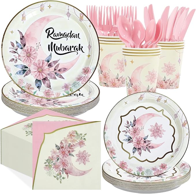 168Pcs Eid Ramadan Decorations Pink Watercolor Flower Lantern Moon Plates and Napkins Cups Forks Islamic Mubarak Decor Tableware Sets for Islamic Muslim Ramadan Mubarak Home Party Supplies Serves 24